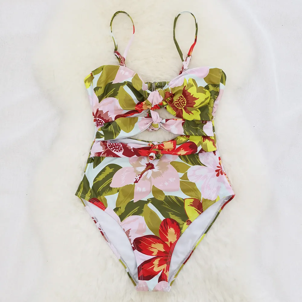 Blooming Floral Print Tie Front Tube One-piece Swimsuit