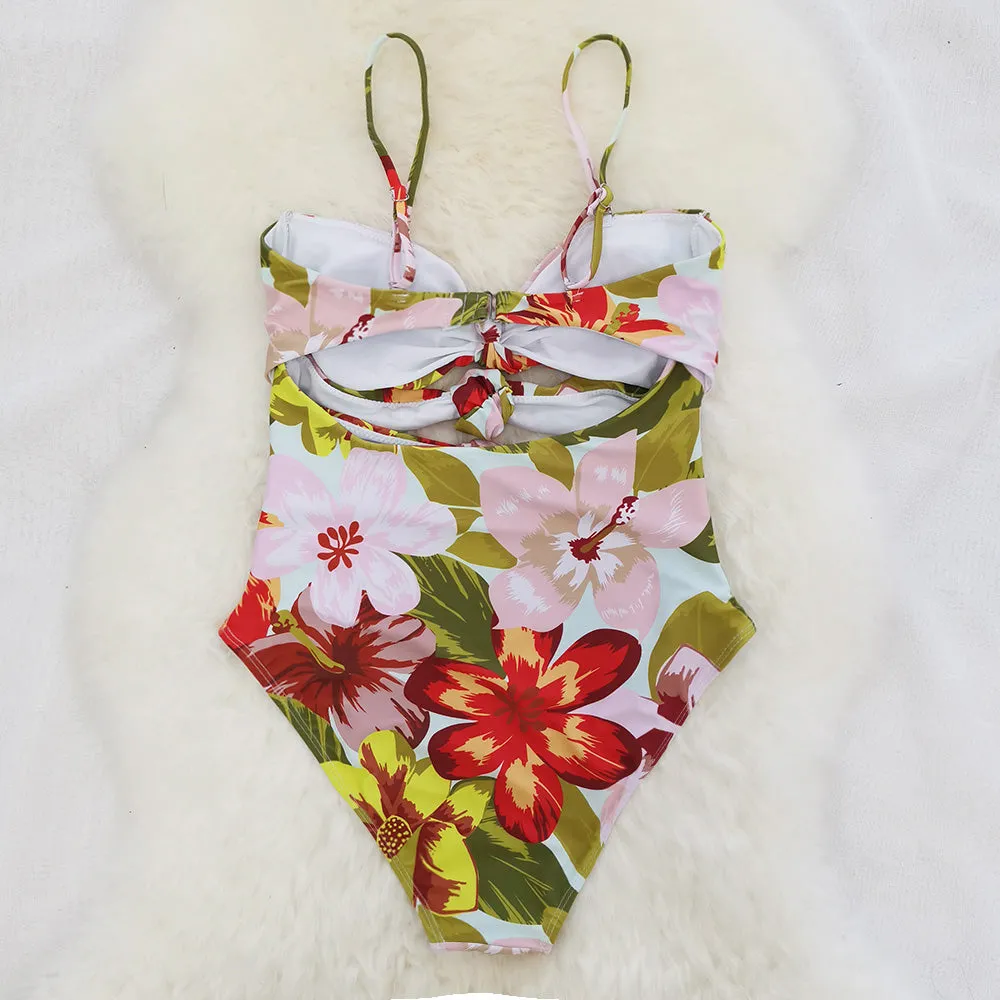 Blooming Floral Print Tie Front Tube One-piece Swimsuit