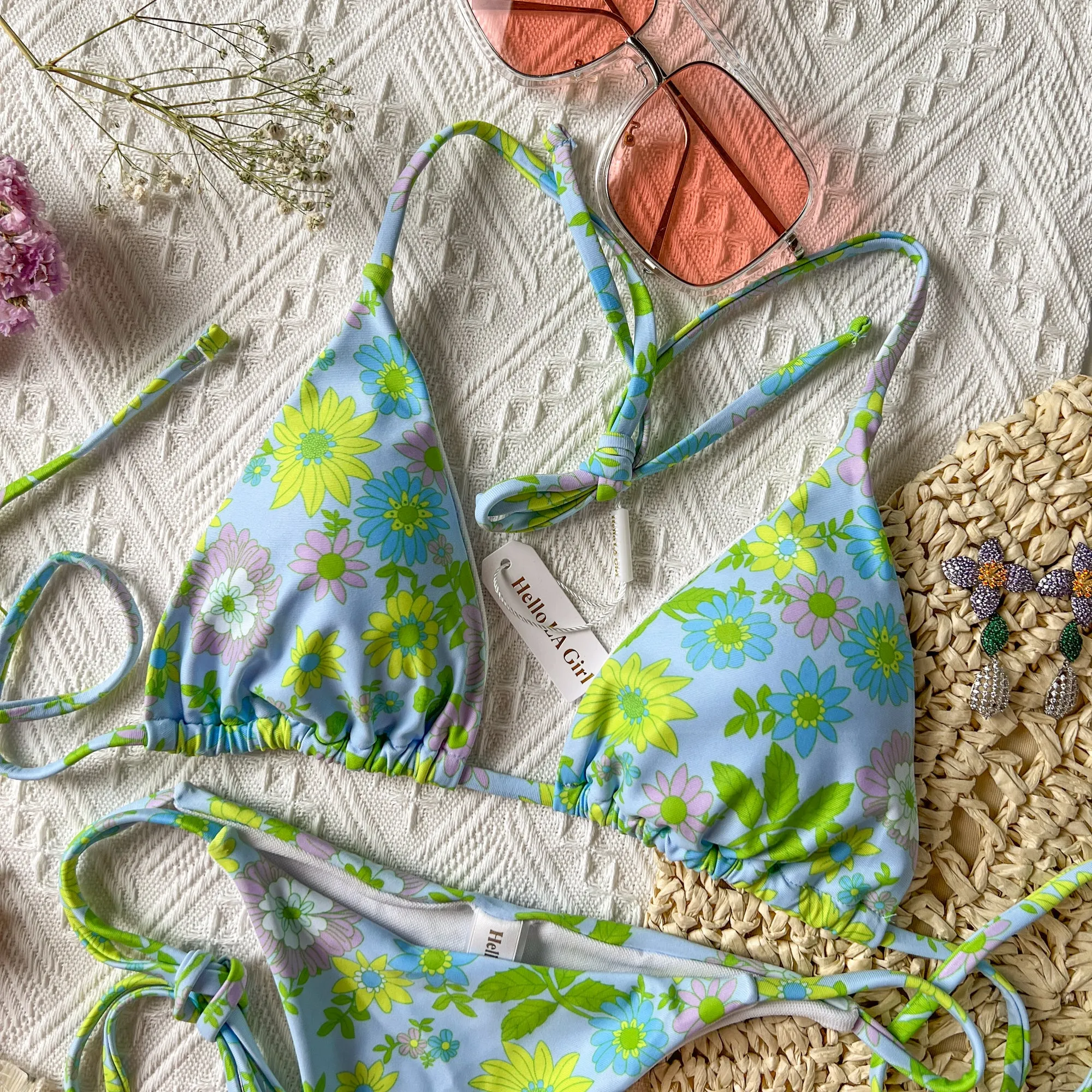 Blue Fluorescent Floral Pritn Straps Bikini Set