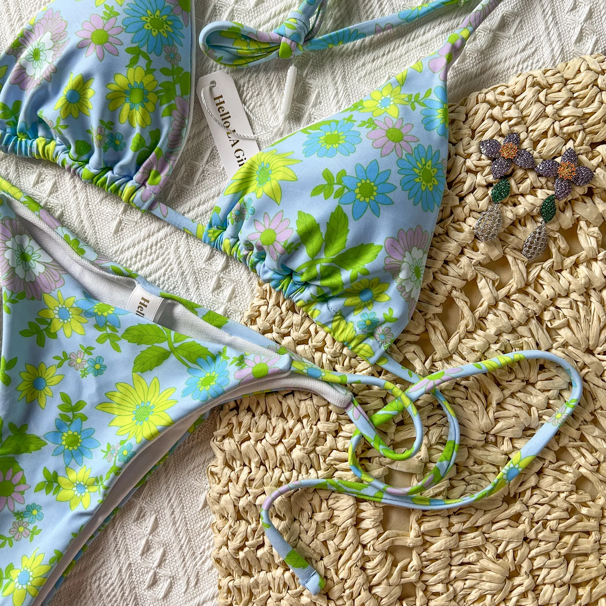 Blue Fluorescent Floral Pritn Straps Bikini Set
