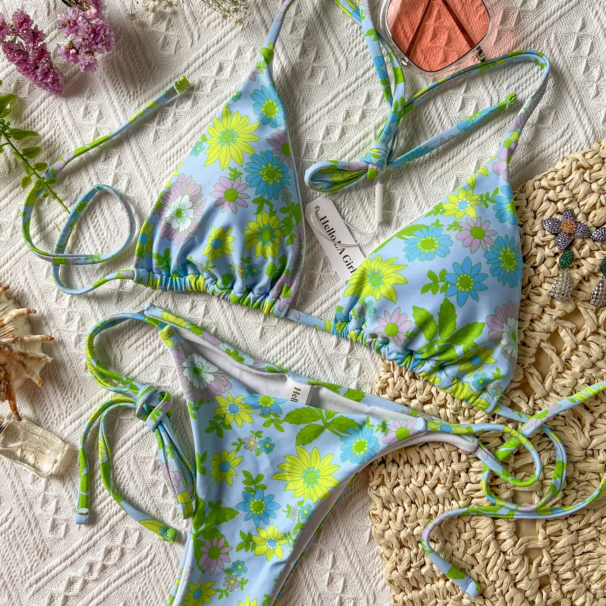 Blue Fluorescent Floral Pritn Straps Bikini Set