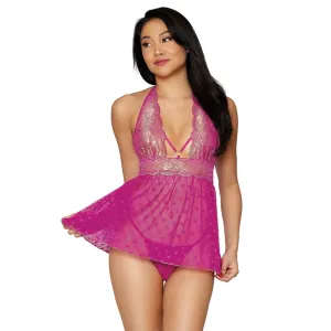 Dreamgirl Lingerie Gold Foiled Lace and Heart Mesh Babydoll & G-string Pink 12681