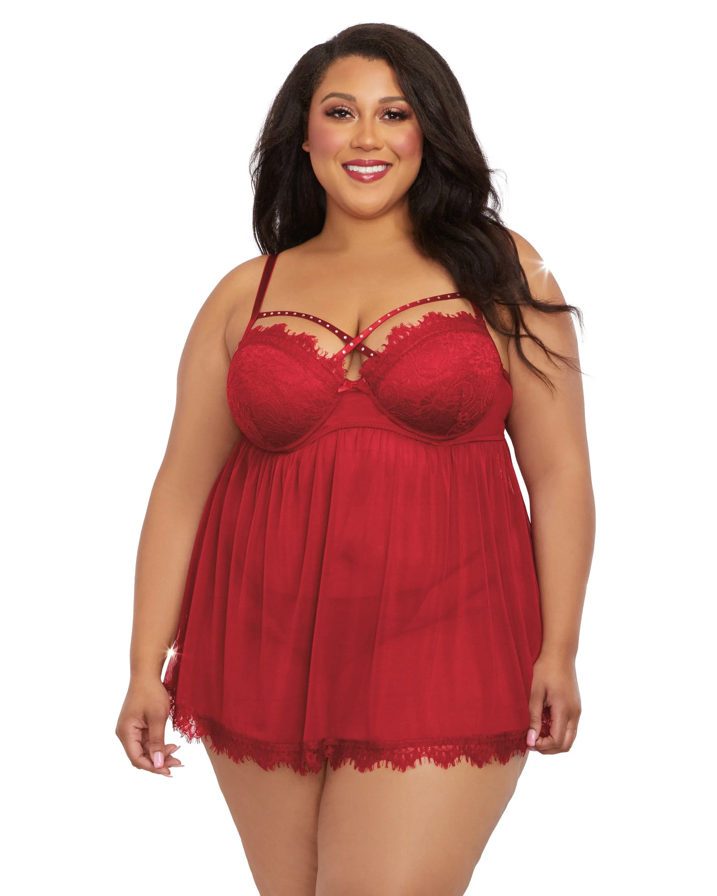 Dreamgirl Plus Size Eyelash Lace & Stretch Mesh Babydoll Set with Strappy Rhinestone Neckline