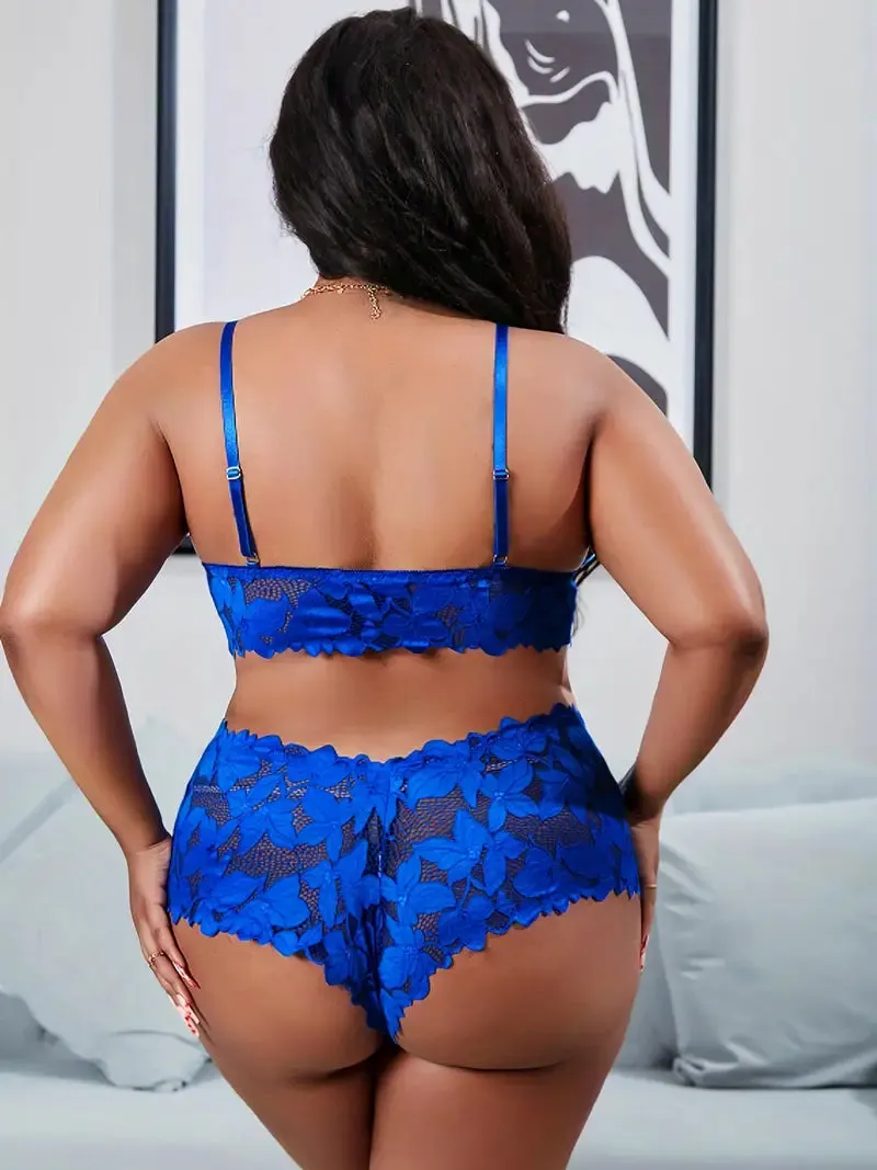 Floral Appliques Bow Knot Lace Bra & Panty Set