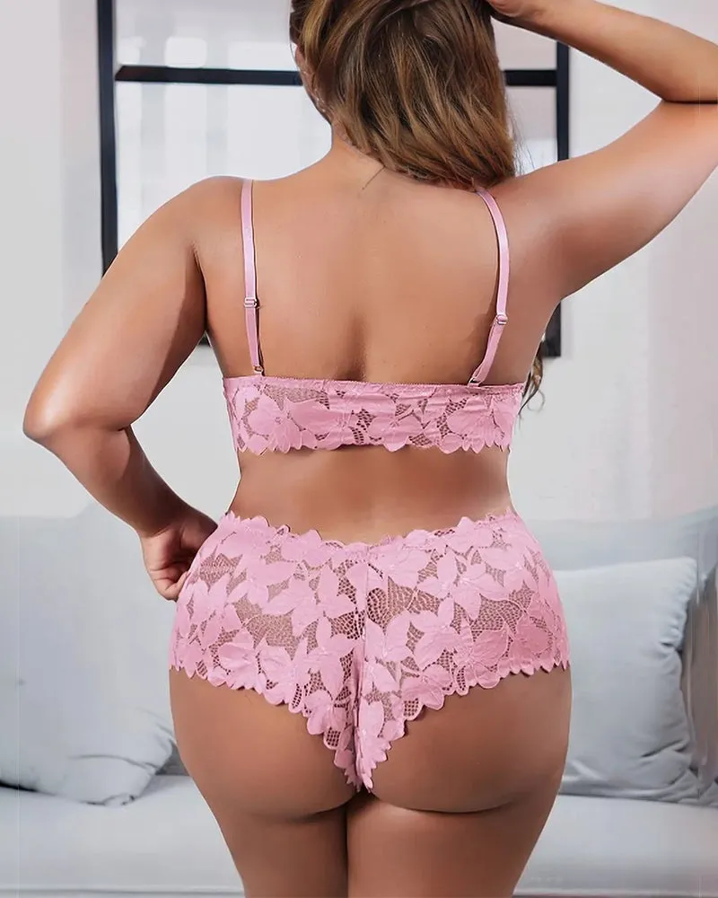 Floral Appliques Bow Knot Lace Bra & Panty Set