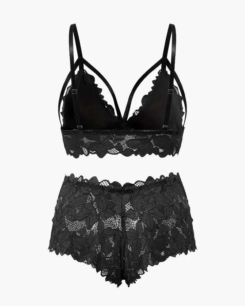 Floral Appliques Bow Knot Lace Bra & Panty Set