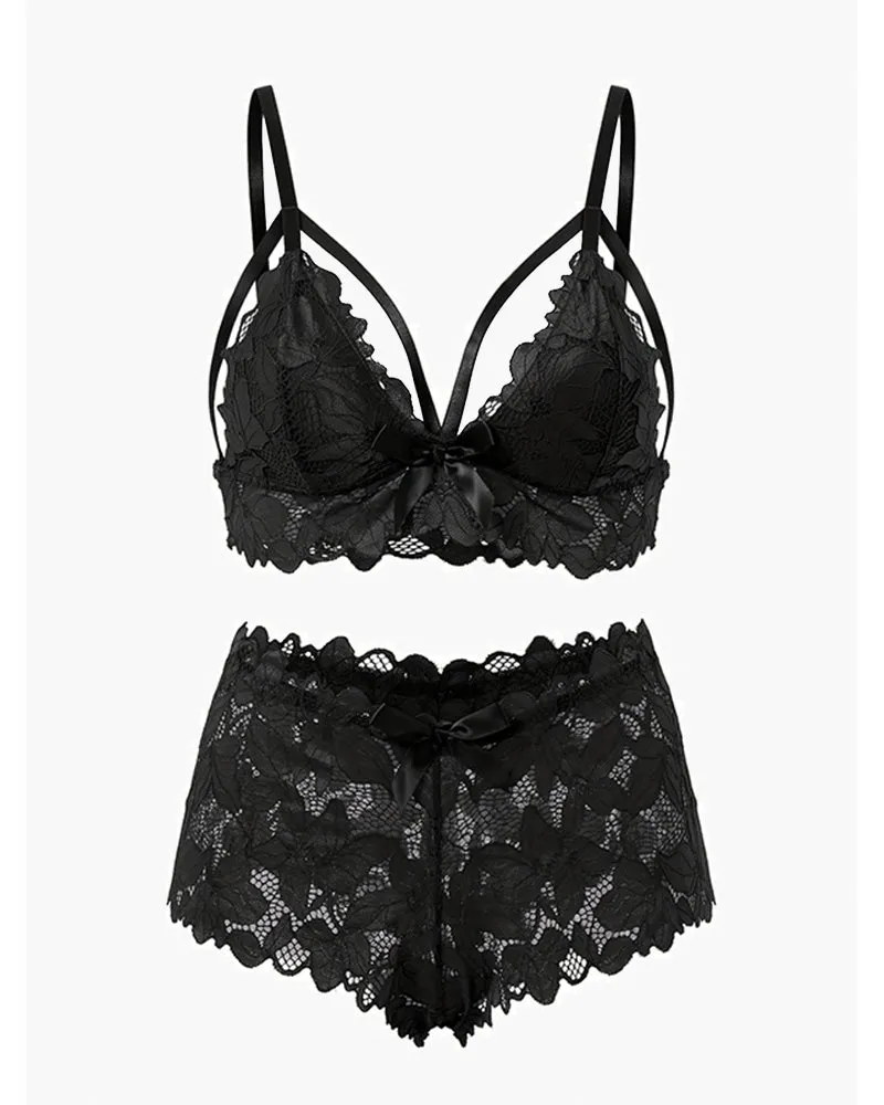 Floral Appliques Bow Knot Lace Bra & Panty Set