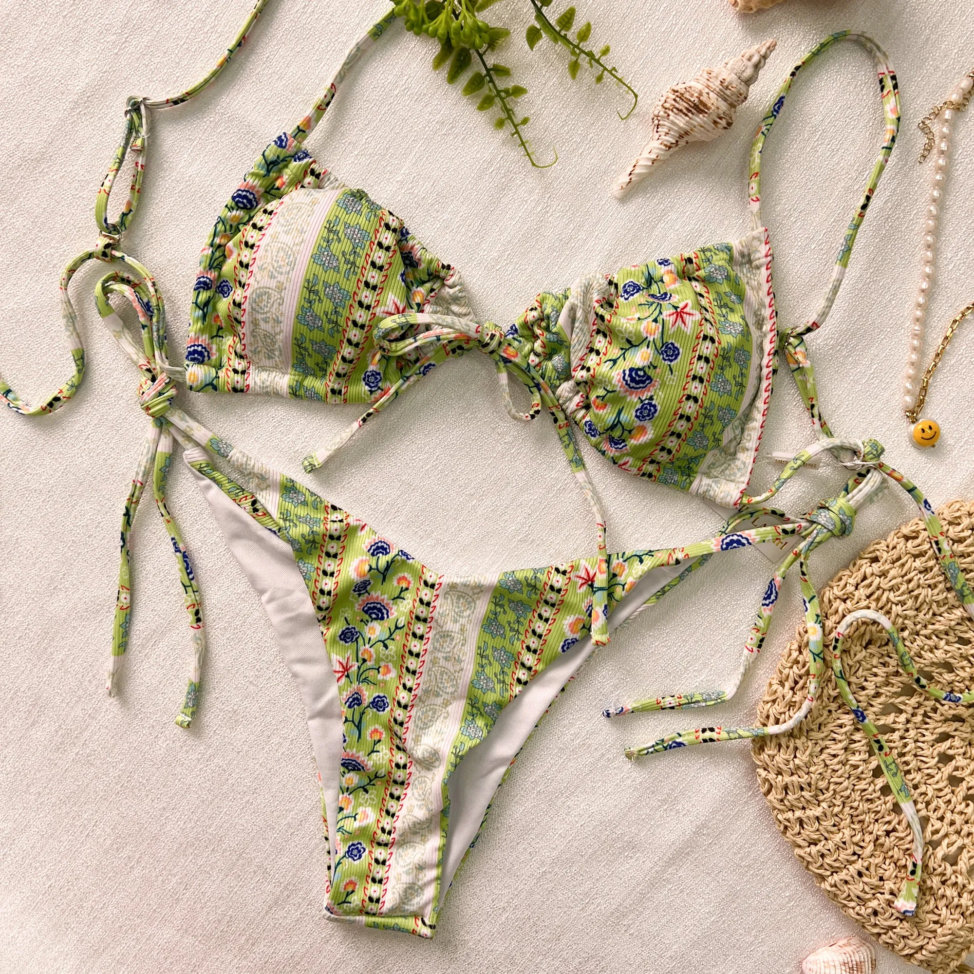 Green Bohemia Print Straps Bikini Set