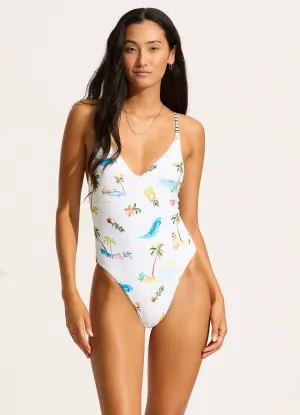 Isla Palm V Neck One Piece - White