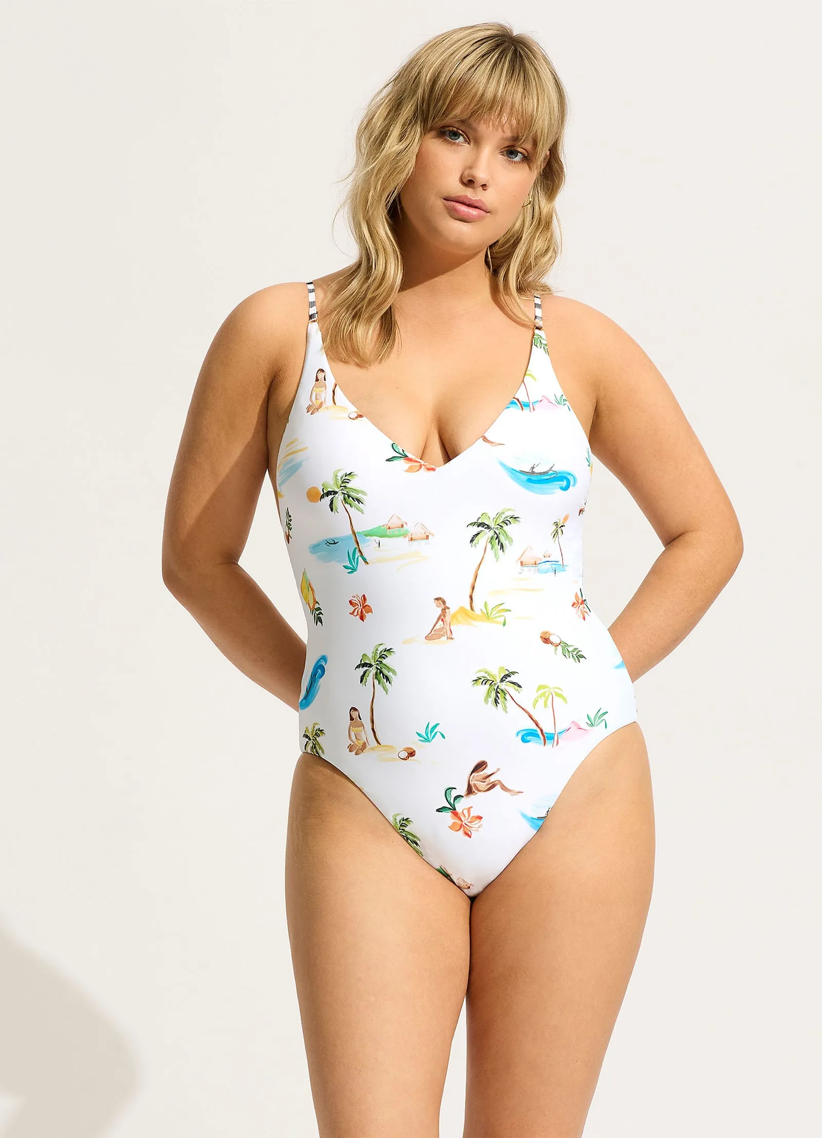 Isla Palm V Neck One Piece - White