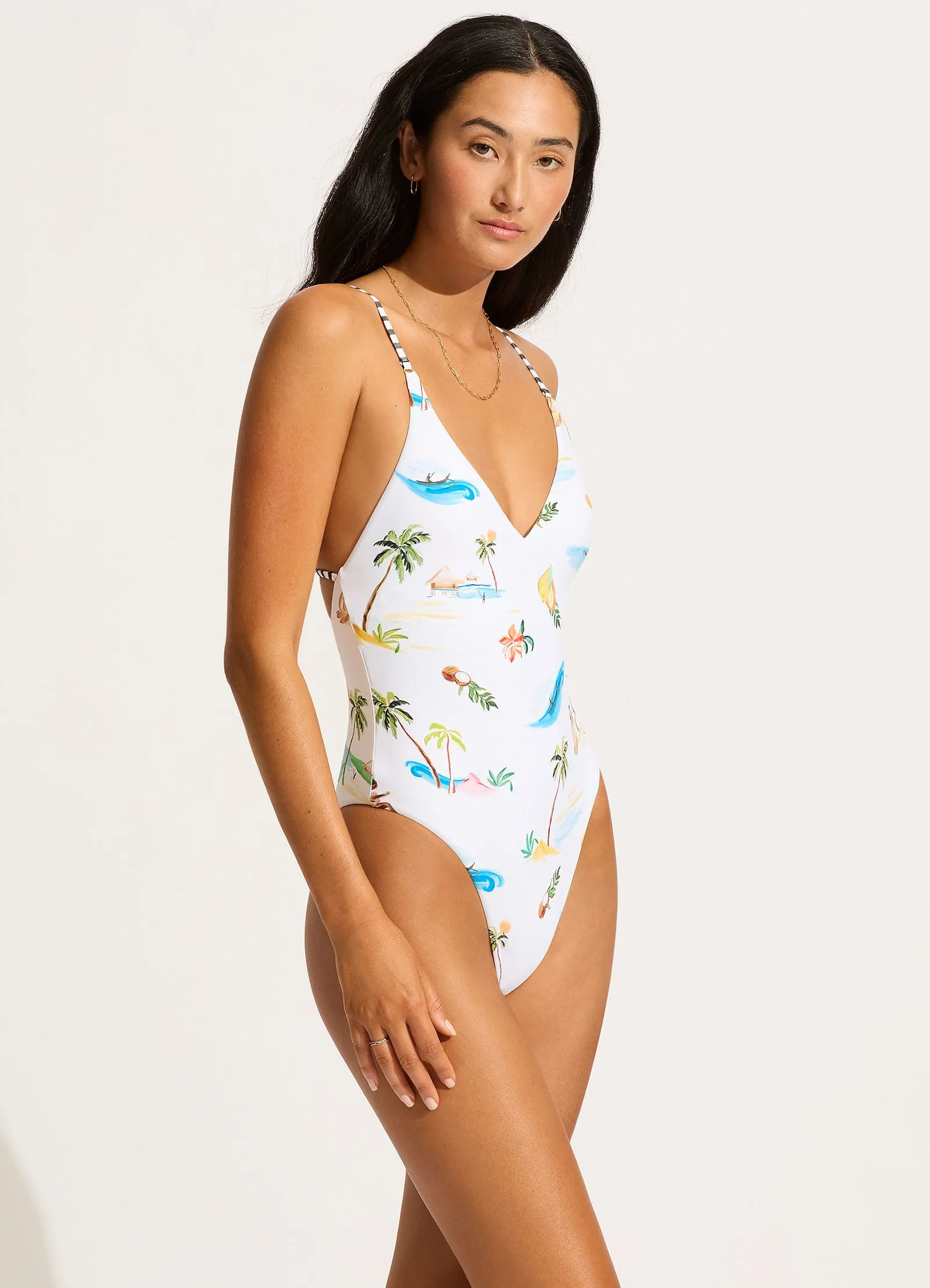 Isla Palm V Neck One Piece - White