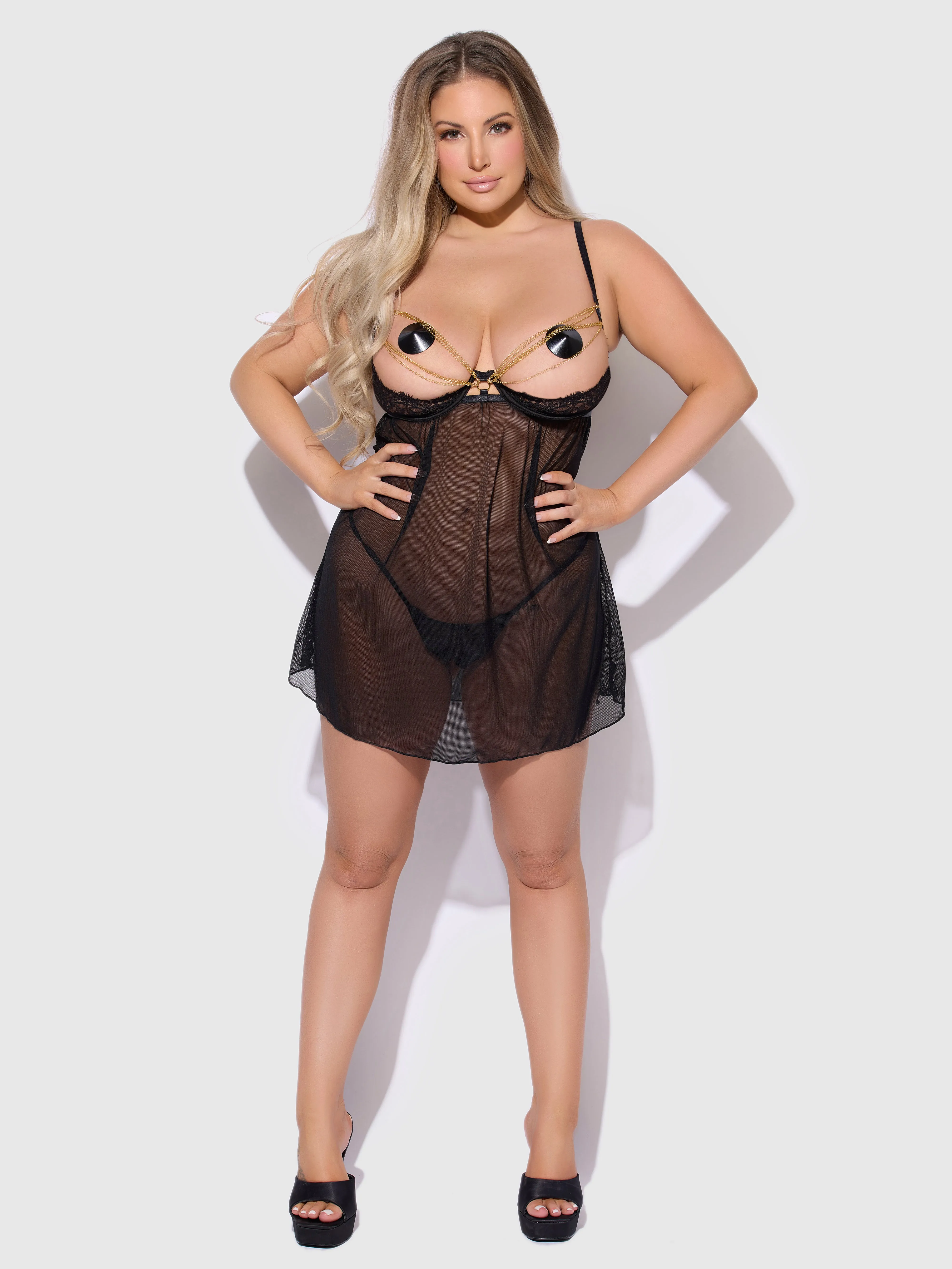Maeve Chain & Lace Open Cup Mesh Babydoll