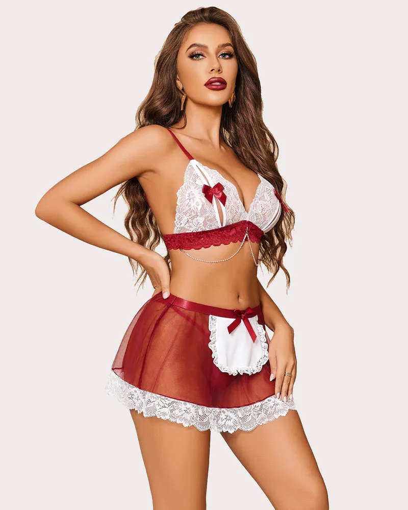 Maid Costume Floral Lace Lingerie With Chain