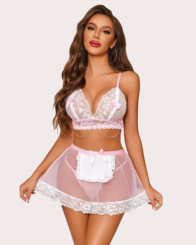 Maid Costume Floral Lace Lingerie With Chain