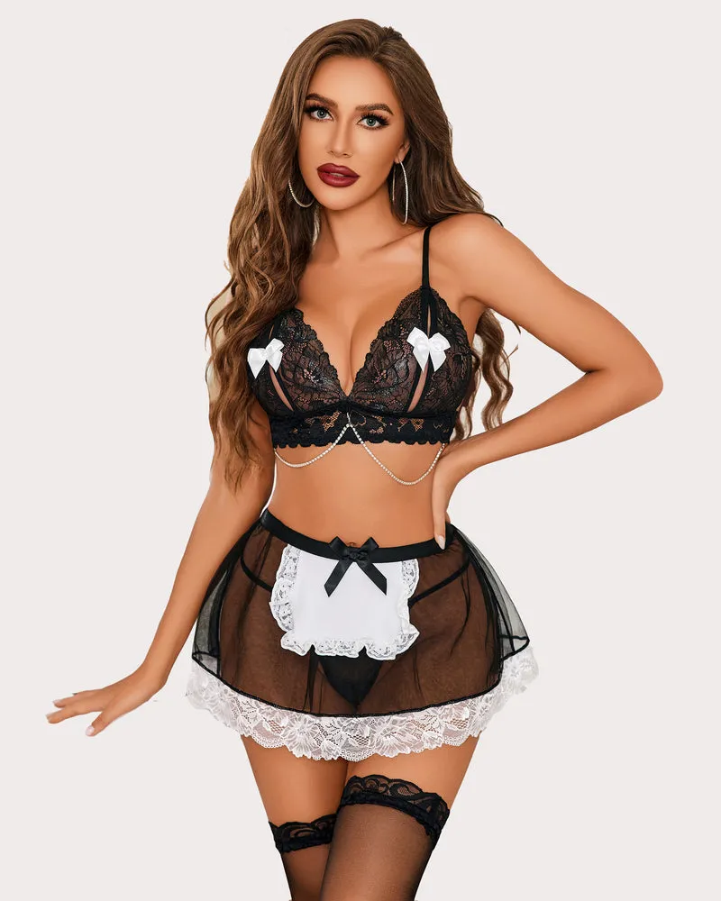 Maid Costume Floral Lace Lingerie With Chain