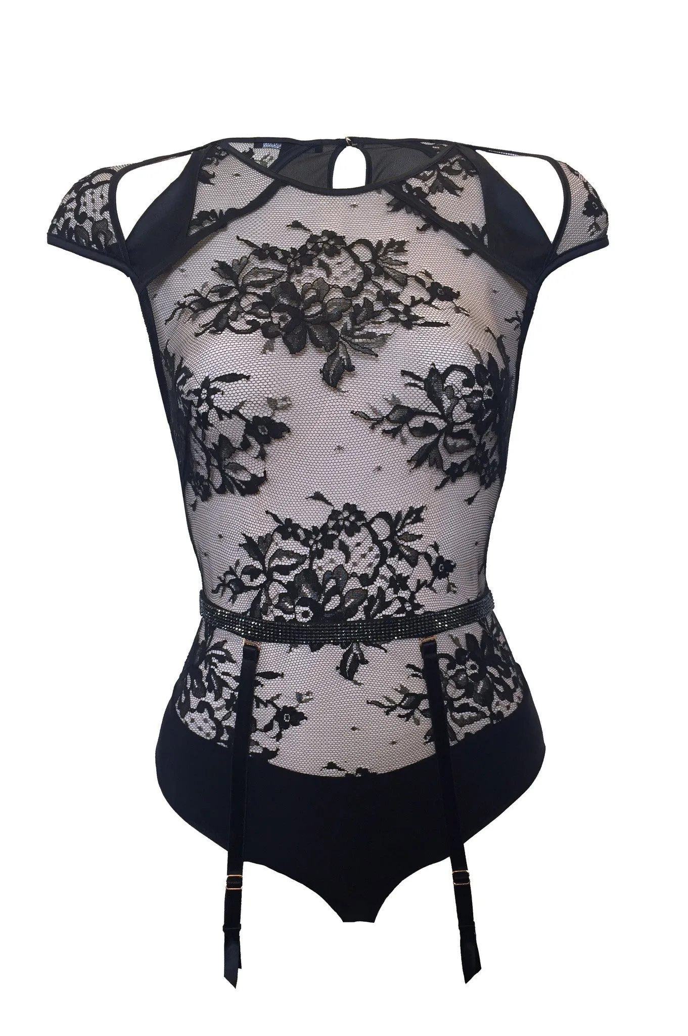 NADYA LACE BODYSUIT & CRYSTAL SUSPENDER BELT