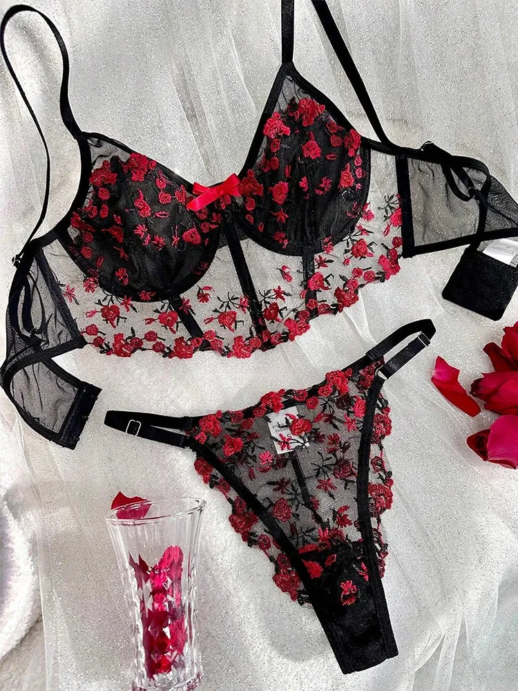 #PB Floral Embroidery Lingerie Set