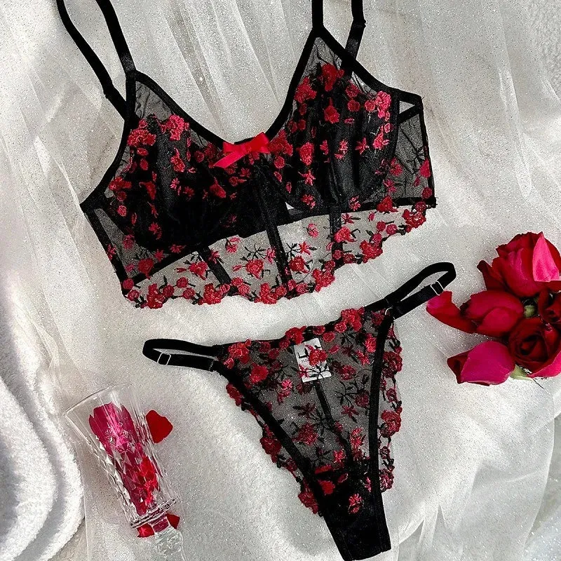 #PB Floral Embroidery Lingerie Set