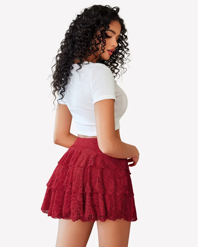 Pleated Mini Skirt Lace Ruffles Short Skirt