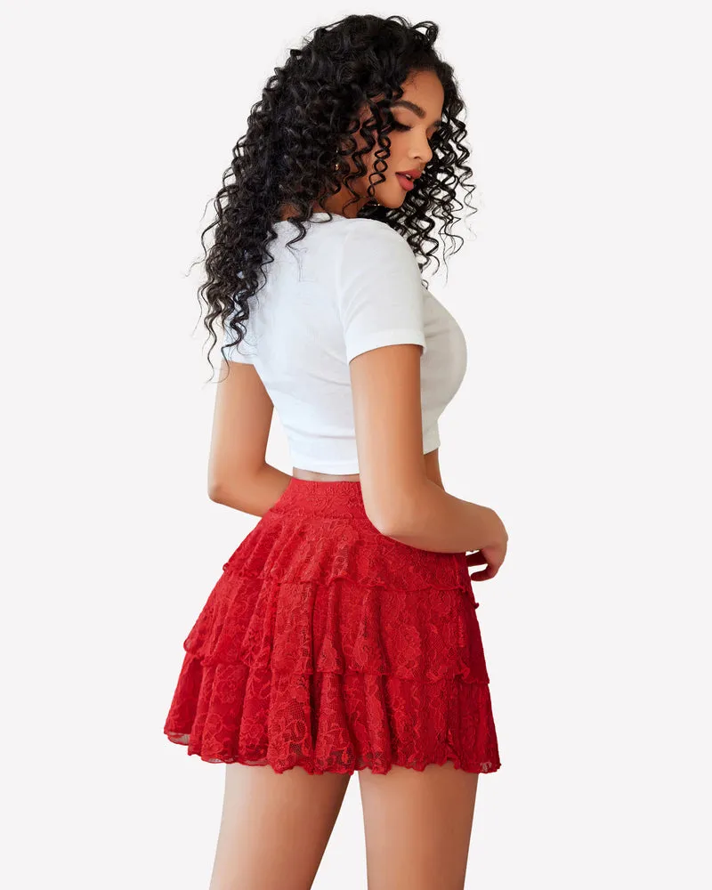 Pleated Mini Skirt Lace Ruffles Short Skirt