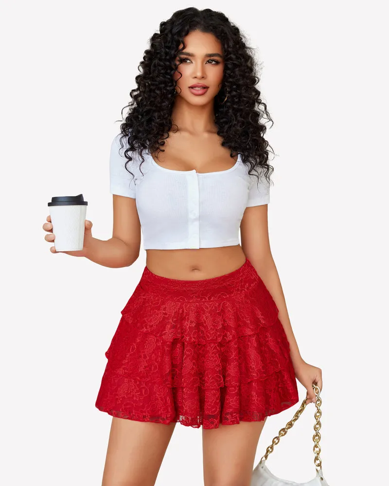 Pleated Mini Skirt Lace Ruffles Short Skirt