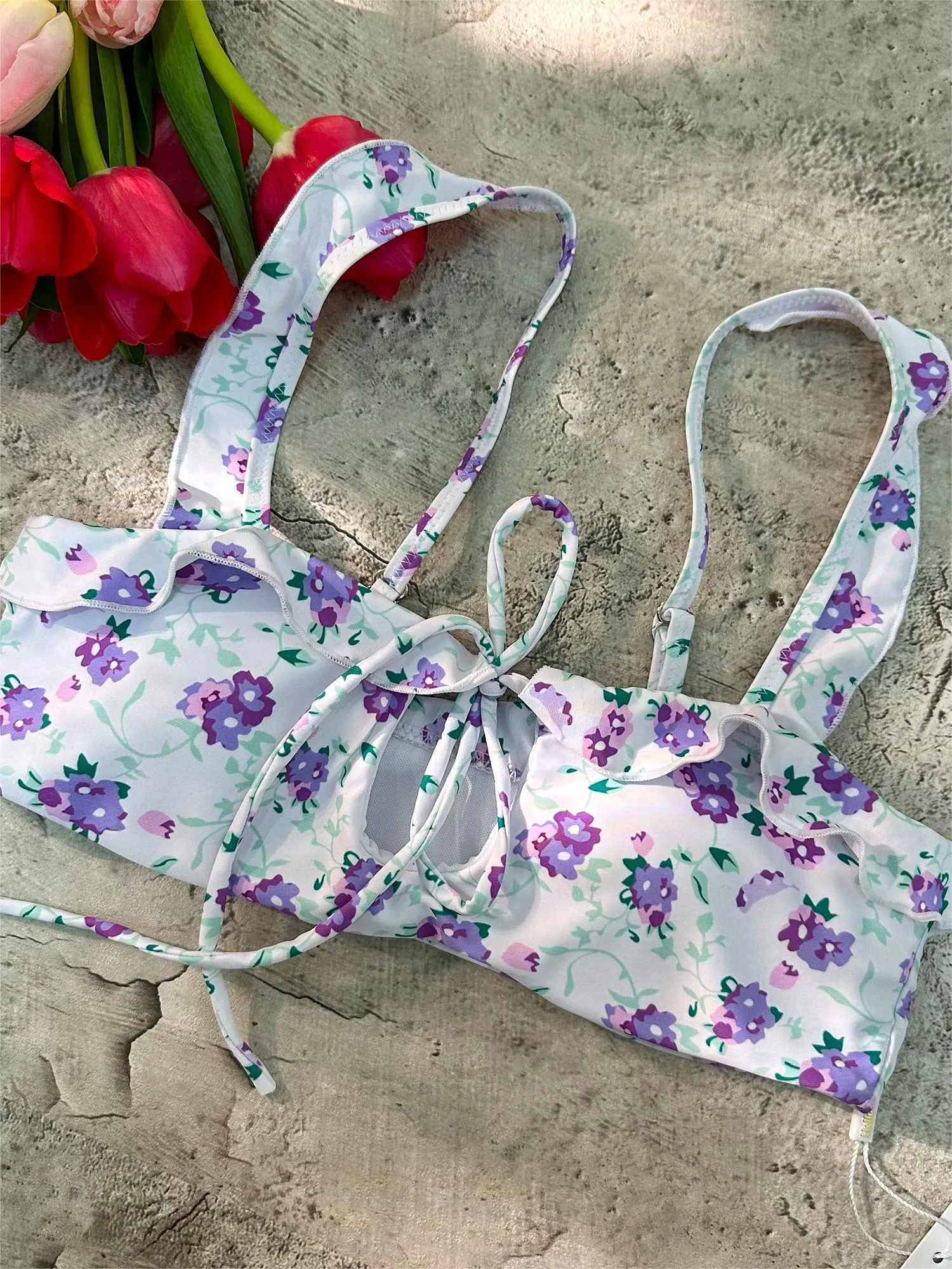 Purple Digital Printing Lace Push Up Hollow Bikini Set