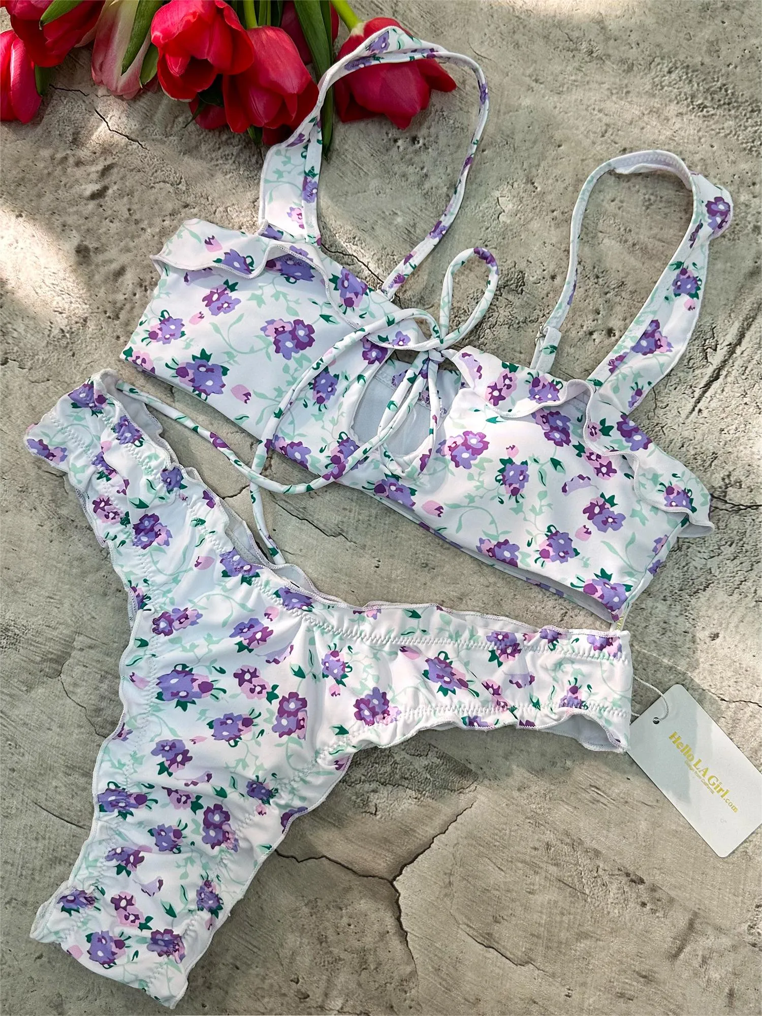 Purple Digital Printing Lace Push Up Hollow Bikini Set