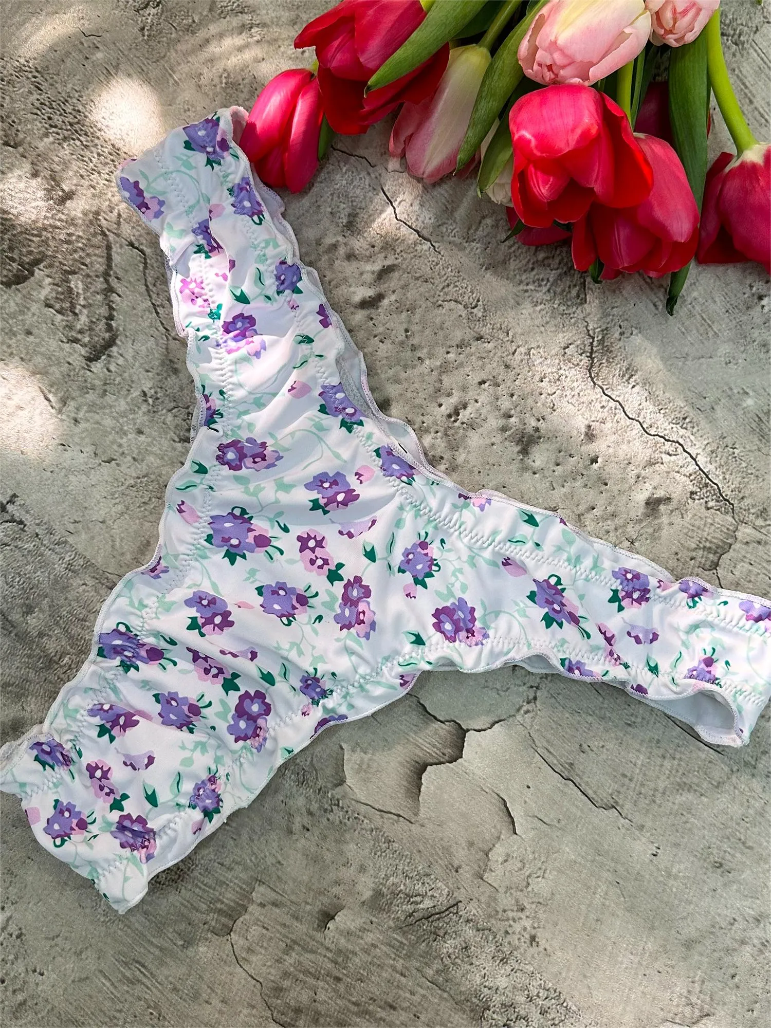 Purple Digital Printing Lace Push Up Hollow Bikini Set