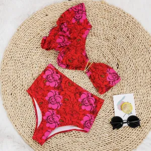 Red Floral Print Bikini Set