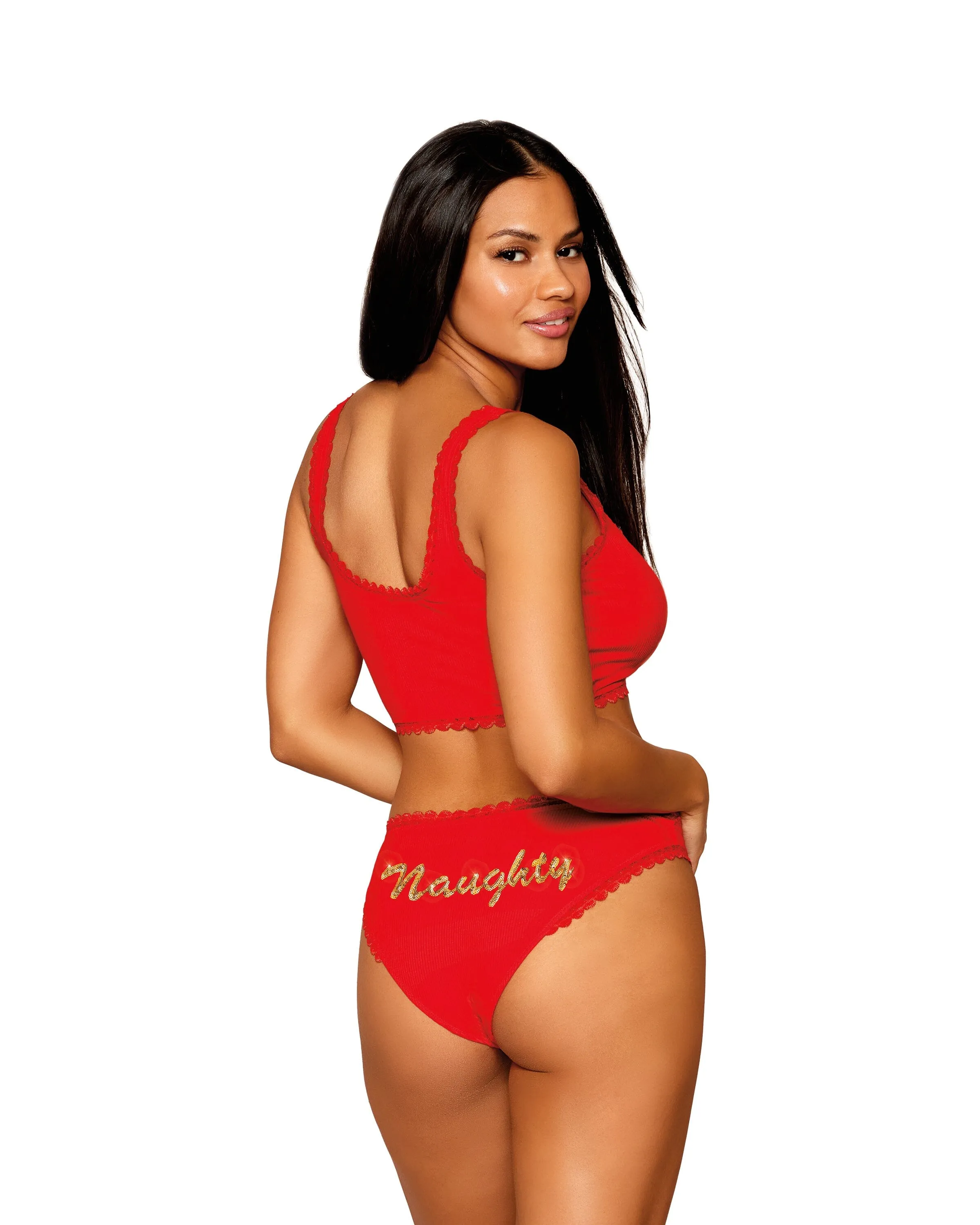 Rib-Knit Sleepwear Bralette and Panty Set with Ruffled Lace Elastic Trim