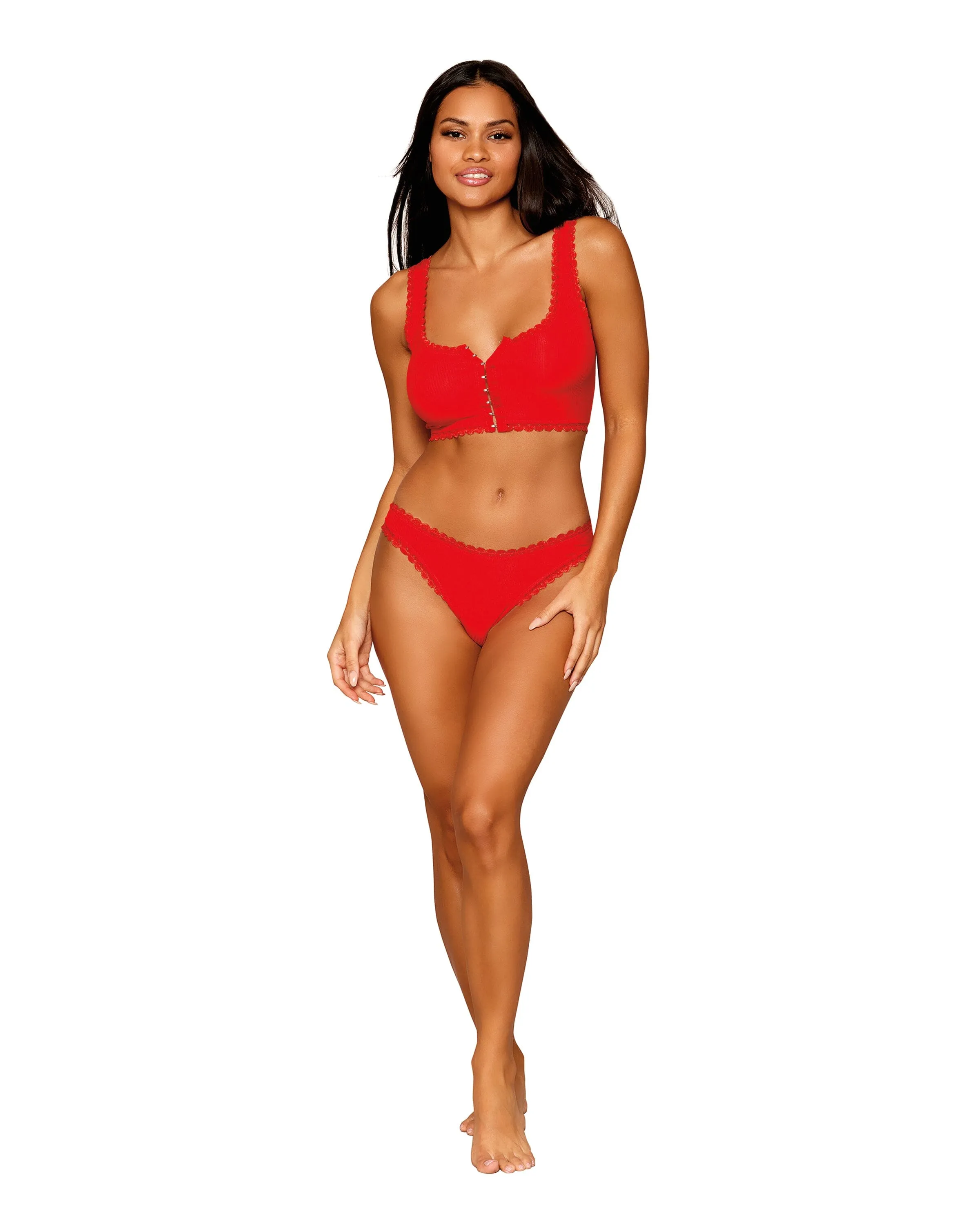 Rib-Knit Sleepwear Bralette and Panty Set with Ruffled Lace Elastic Trim