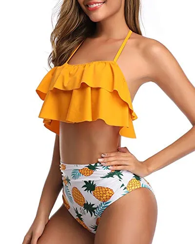 Two Piece Cute Tummy Control High Waisted Bikini-Yellow Pineapple