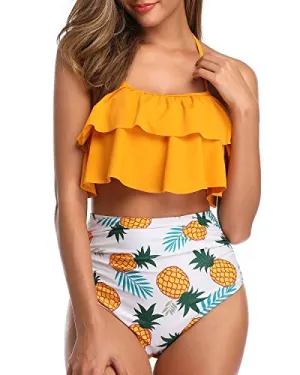 Two Piece Cute Tummy Control High Waisted Bikini-Yellow Pineapple