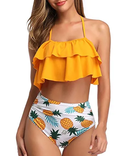 Two Piece Cute Tummy Control High Waisted Bikini-Yellow Pineapple