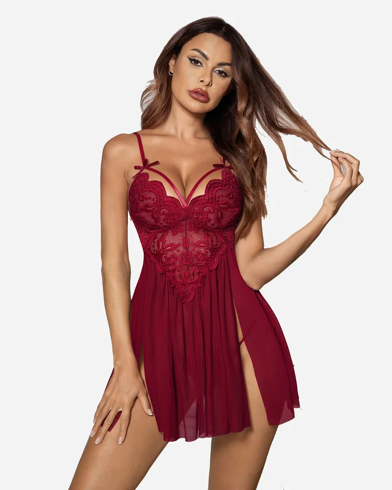 V Neck Lace Side Slit Babydoll