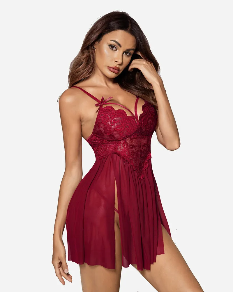 V Neck Lace Side Slit Babydoll