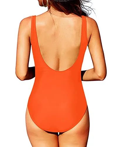 Vintage Tummy Control Push Up Bra Round Neck One Piece Swimsuits-Neon Orange