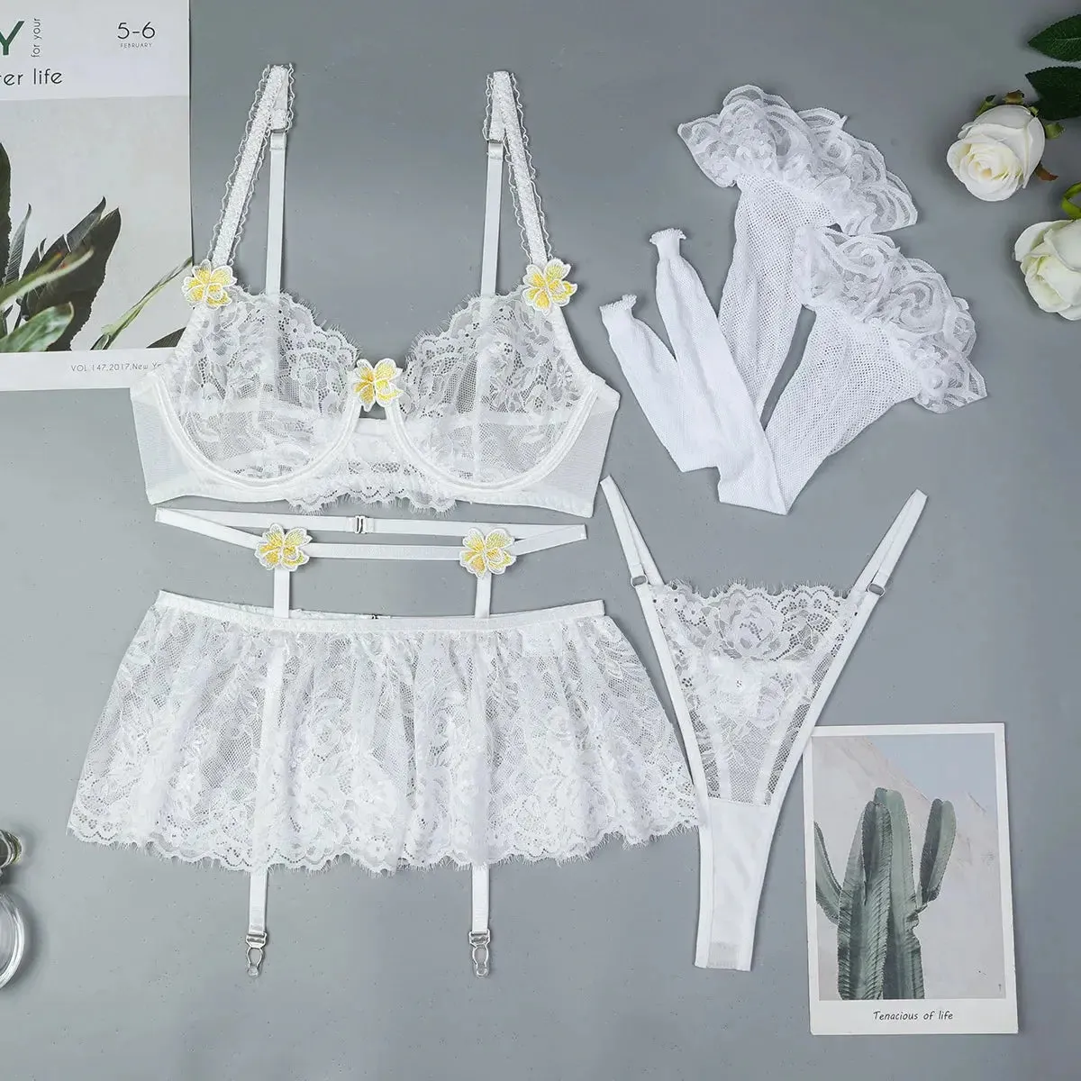 White Intimate Floral Lace Micro Skirt Lingerie Set