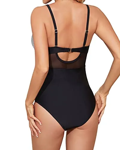 Women's Cutout V Neck Push Up Tummy Control One Piece Swimwear-Black White