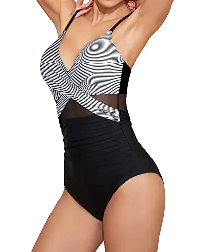 Women's Cutout V Neck Push Up Tummy Control One Piece Swimwear-Black White