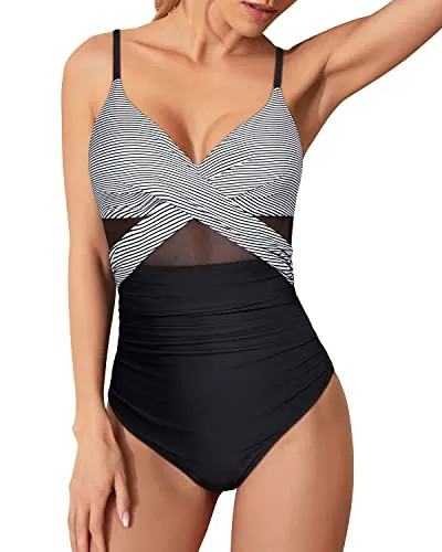Women's Cutout V Neck Push Up Tummy Control One Piece Swimwear-Black White